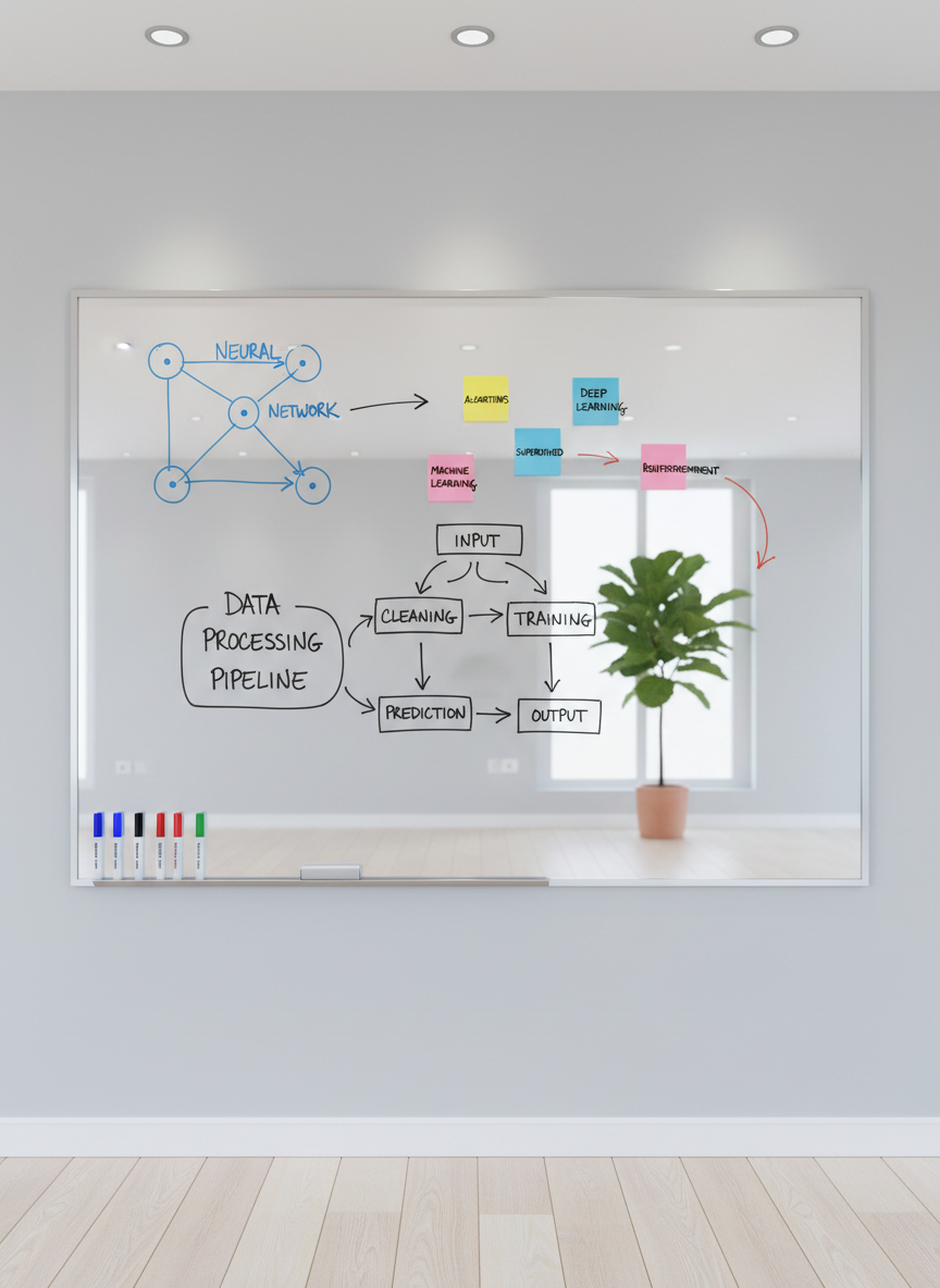 A large, clear glass whiteboard mounted on a pale gray wall, covered in neatly drawn AI-related diagrams, simple flow arrows, and color-coded sticky notes, all written with precise, legible marker lines. At the base of the board rests a row of capped markers and a slim, silver eraser tray. The room around it is an uncluttered, modern learning space with light wood flooring and a single plant in the distant background. Cool, even overhead lighting creates minimal glare and crisp reflections on the glass surface. Captured straight-on with sharp focus across the entire frame, in photographic realism, evoking a sense of organized thinking, shared learning, and approachable AI concepts.
