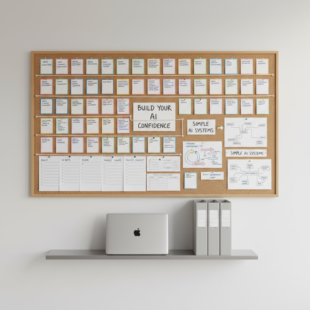 A wide corkboard mounted on a white wall, filled with neatly pinned index cards, printed checklists, and simple, colorful diagrams illustrating AI workflows, each labeled in clear handwriting. Thin cotton string connects some cards to form a clean, understandable system map rather than a chaotic web. A slim metal shelf beneath holds a small, closed laptop and a tidy stack of folders. Soft studio lighting from above and slightly to the right creates even illumination with mild, readable shadows from the pinned papers. Photographed straight-on with sharp detail across the board, in realistic, high-resolution style. The overall mood is structured, calm, and empowering, emphasizing simple systems and practical guidance for building everyday AI confidence.